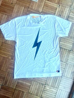 Aviator Nation White Tee with Black Lightning Bolt, visibly Used and Still Cool